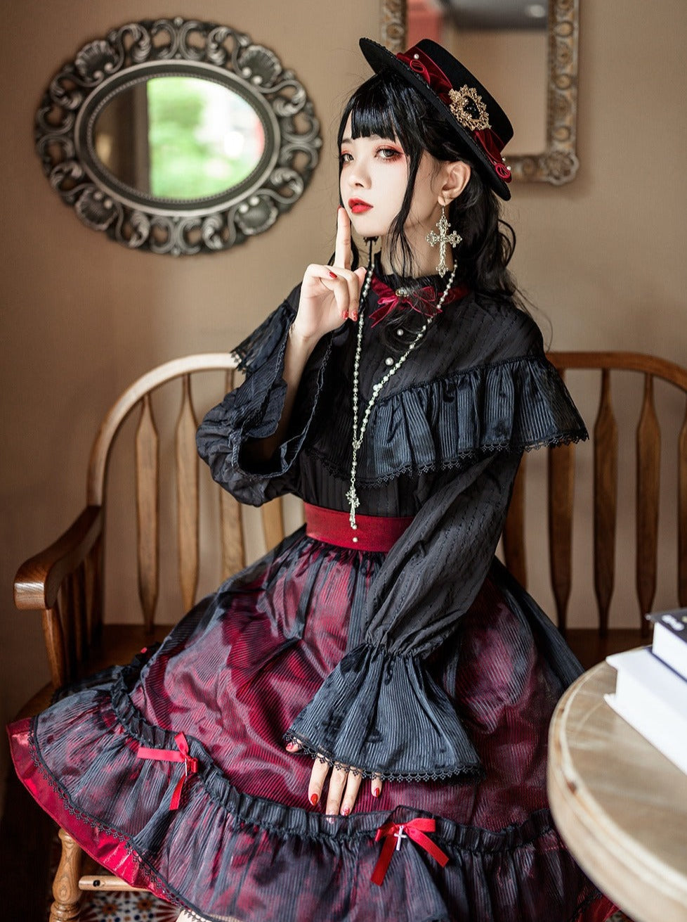 Red Retro Elegant Dark Gothic Lolita Stand Collar Shirt