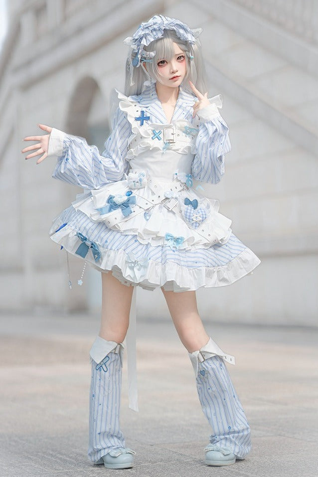 【11月5日予約締切】Blue White Striped Medical Lolita Nurse Sickly Kawaii Dress Suit Full Set (Shirt + Skirt + Apron + Back Ribbon + Leg Covers)