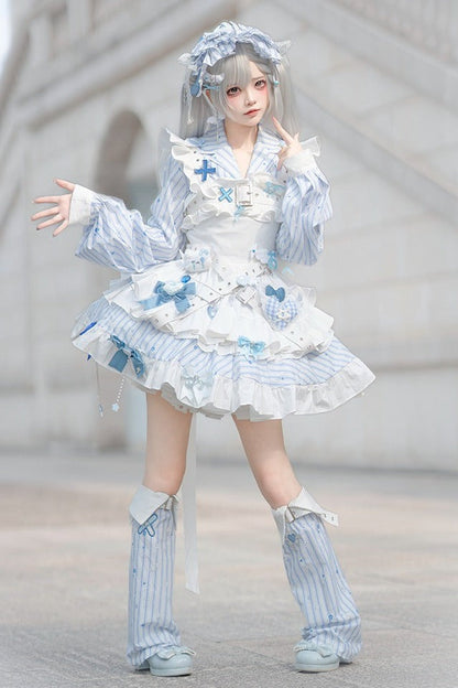 【11月5日予約締切】Blue White Striped Medical Lolita Nurse Sickly Kawaii Dress Suit Full Set (Shirt + Skirt + Apron + Back Ribbon + Leg Covers)