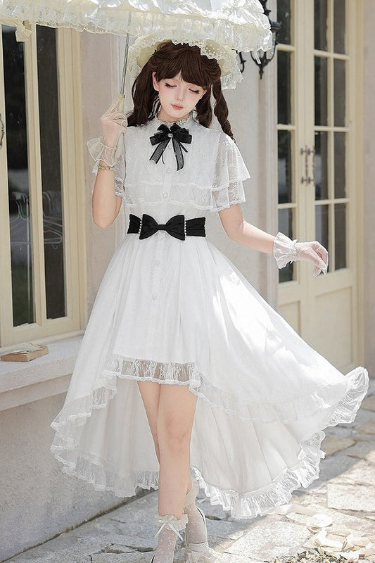【10月8日予約締切】White Classic Lolita Black Bow High-Low Dress(Sheer lace hem version / Plain satin frill hem version)