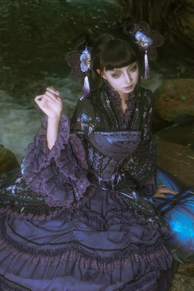 【9月13日予約締切】Purple/Dark Purple Gothic Lolita Elegant Iris Dress Top & Bustier & Skirt Set 1/2+ Full Set
