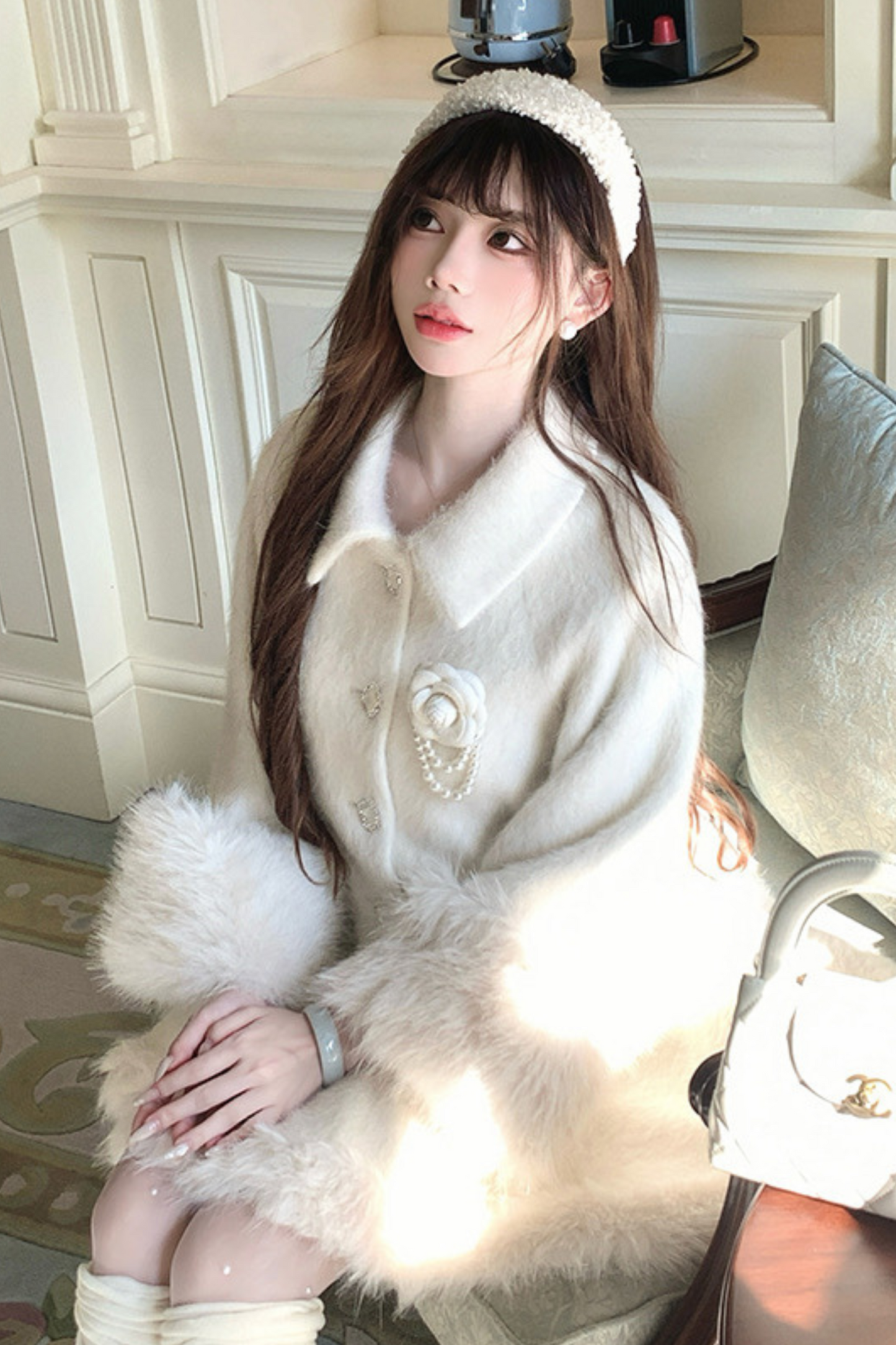 Pure White Snow Far Wool Coat