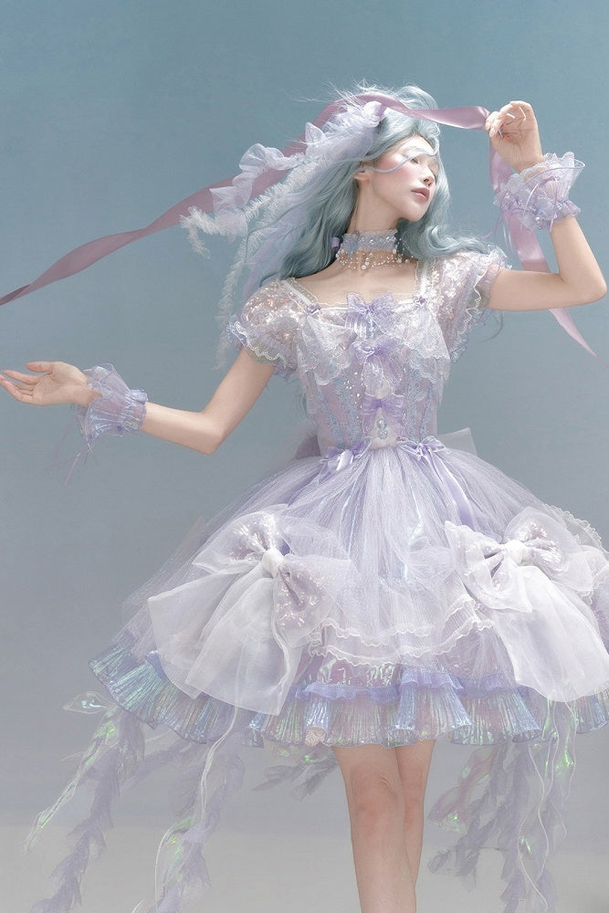 [Reservierungsschluss 1. August] Blau/Weiß/Lila Quallen-Feen-Lolita-Kleid mit Schleifen und Aurora-Schleppe