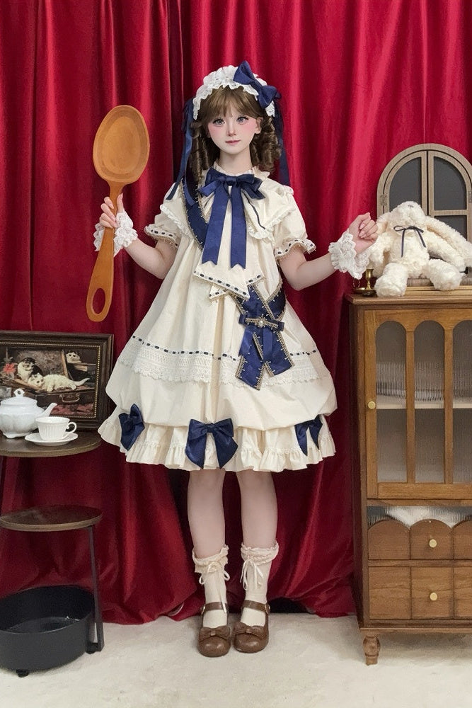 【9月19日予約締切】Pink x Beige / Dark Blue x Beige Doll Style Sweet Lolita Bow Lace Puff Sleeve Dress + Dress Set + Full Set