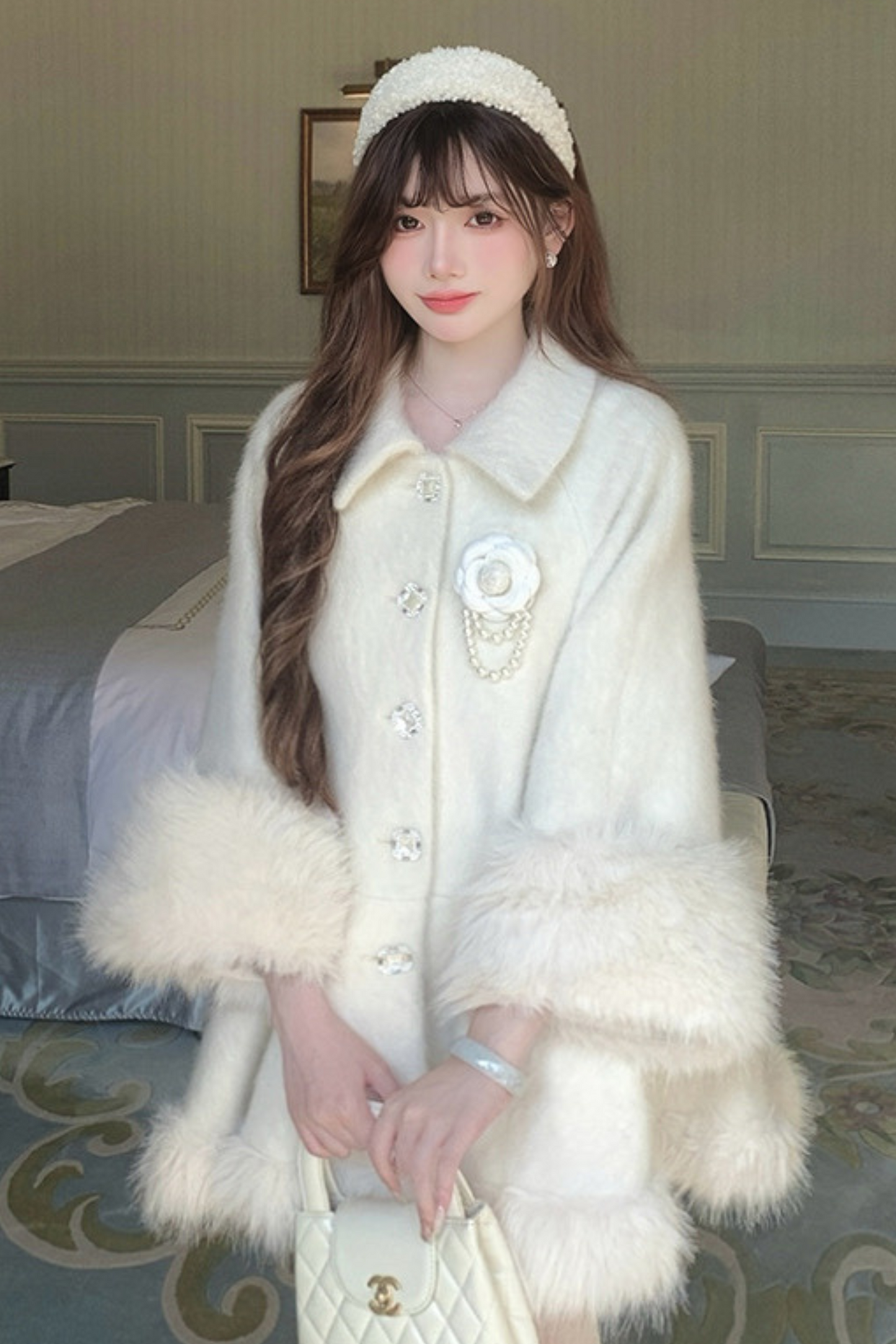 Pure White Snow Far Wool Coat