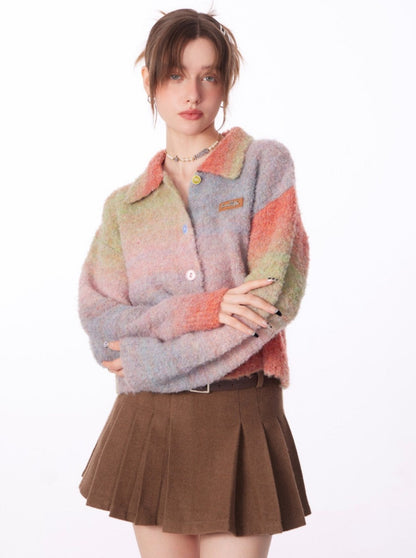 Gradient Polo Collar Soft Wax Wool Retro Cardigan