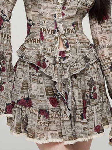 スイートスパイシーローズプリントラッフルシャツスカートセットアップ