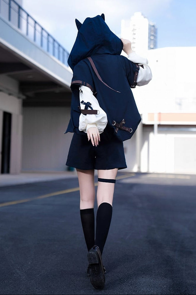 【9月25日予約締切】Prince Style Street Casual Cat Ear Hooded Short-Sleeve Jacket + Dog Print Top + Shorts with Leg Rings＋Full Set