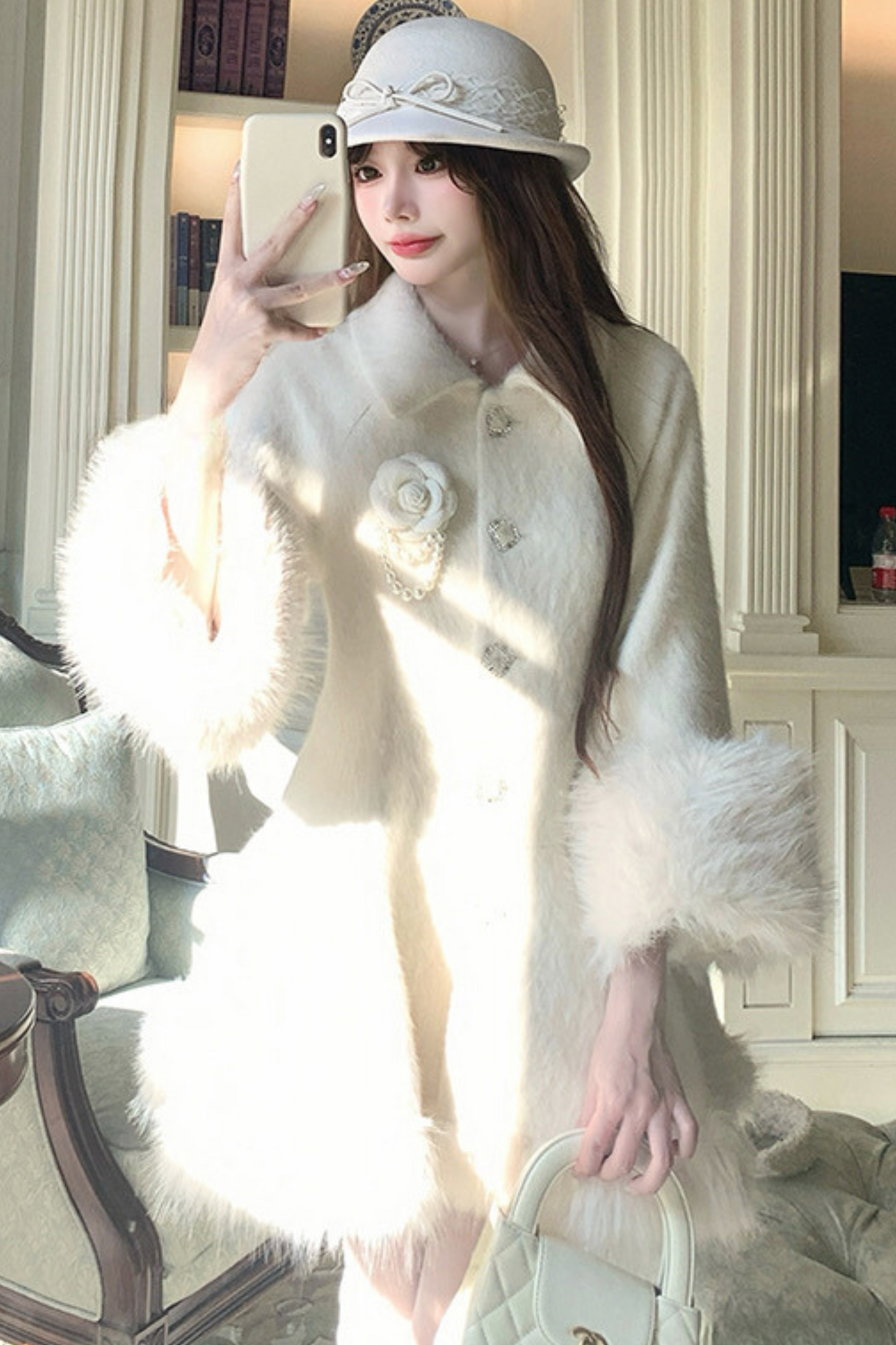 Pure White Snow Far Wool Coat