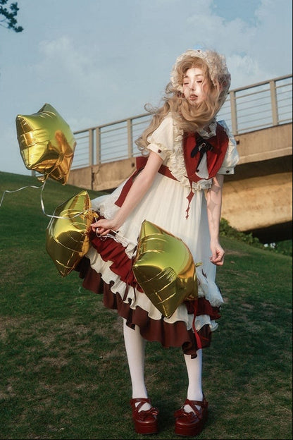 【8月29日予約締切】White x Burgundy / Blue x Black Gothic Doll Lolita Witch Asymmetrical Ruffle Dress Full Set （with Pointed Collar + Bow Tie + Waist Belt）