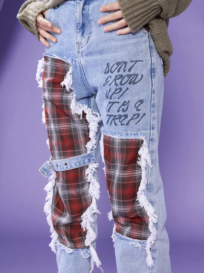 Rock Red Check Damaged Denim Pants