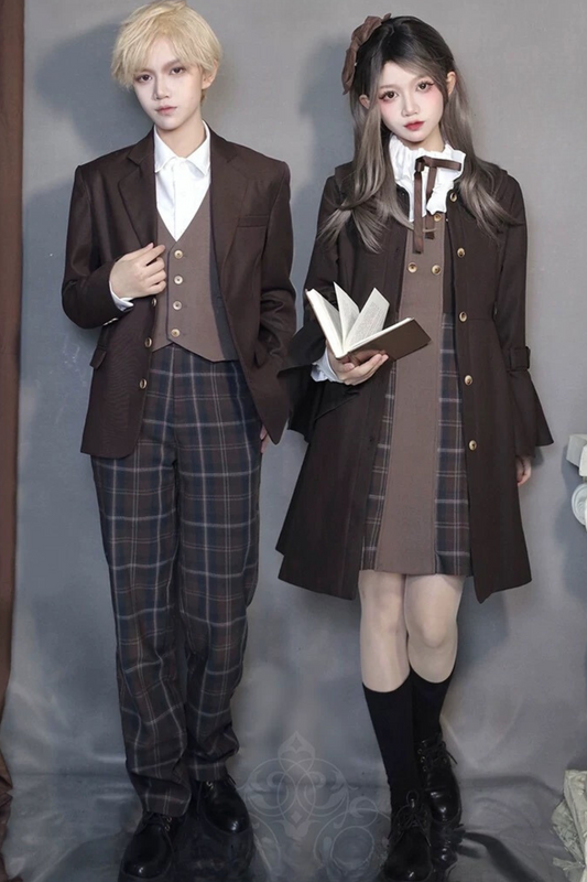 Retro Sia College Trench Coat + Check Dress + Check Vest + Shirt + Pants + Jacket