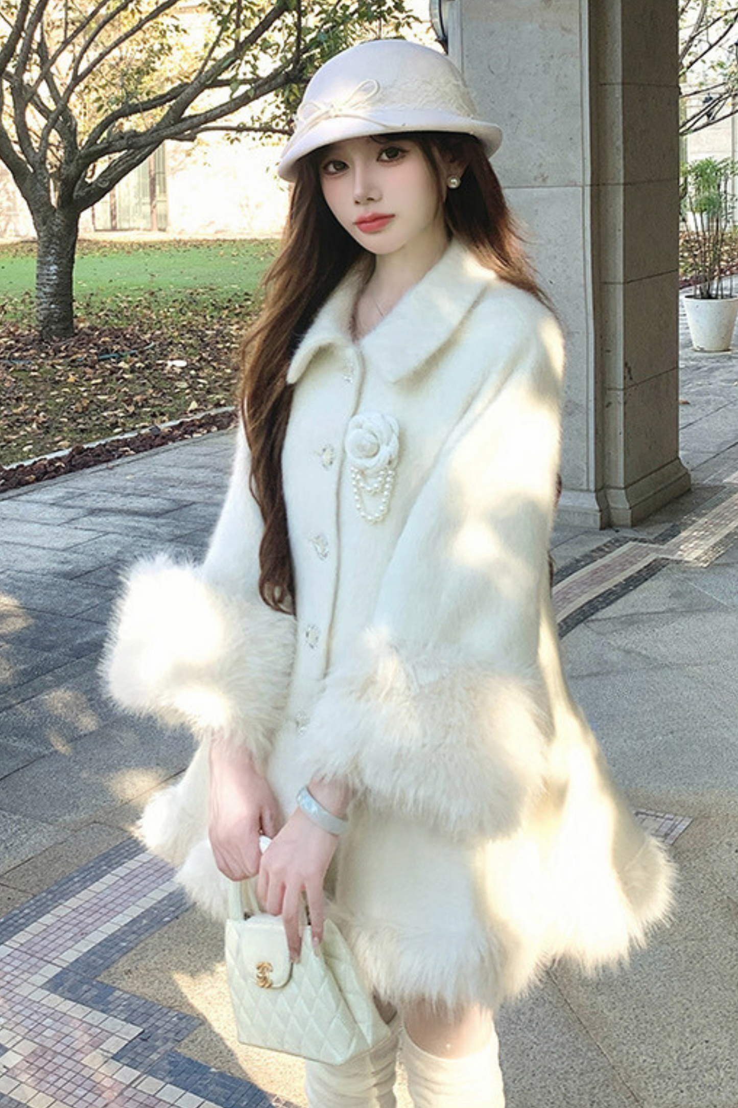 Pure White Snow Far Wool Coat