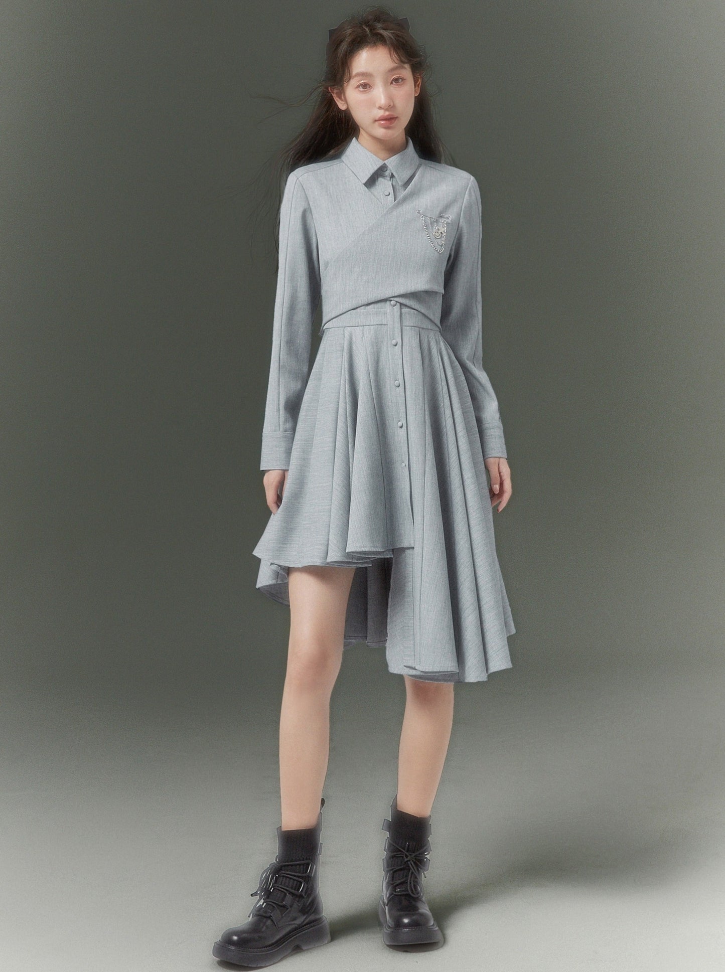 Asymmetrical Pleats College French Dress