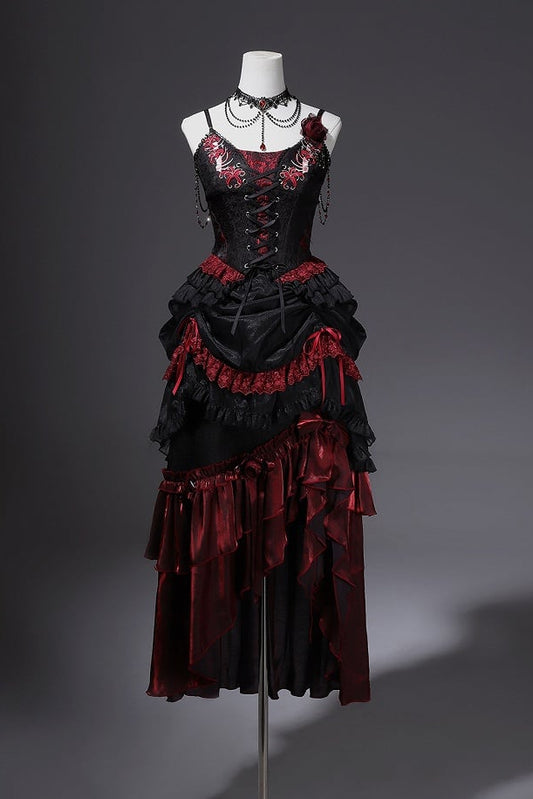 【預購商品】紅黑深色哥德蘿莉塔緹花洋裝完整套裝（馬甲式上衣＋長裙＋可拉提罩裙＋頸鍊）