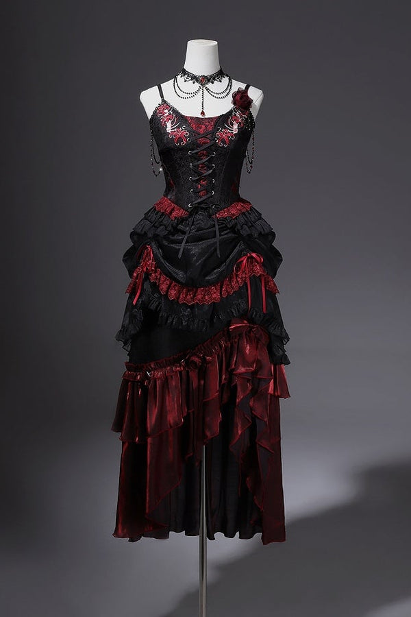 [Pre-order] Red and Black Dark Gothic Lolita Jacquard Dress Complete Set (Bustier Top + Long Skirt + Pull-Up Overskirt + Choker)