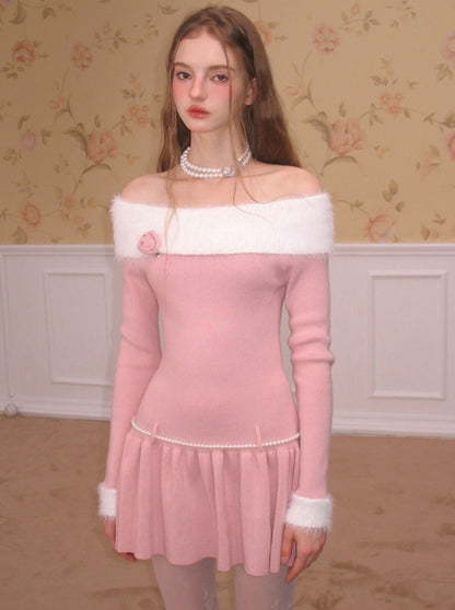 Rose Ballet Sweet Girly Off-the-shoulder Knit Dress