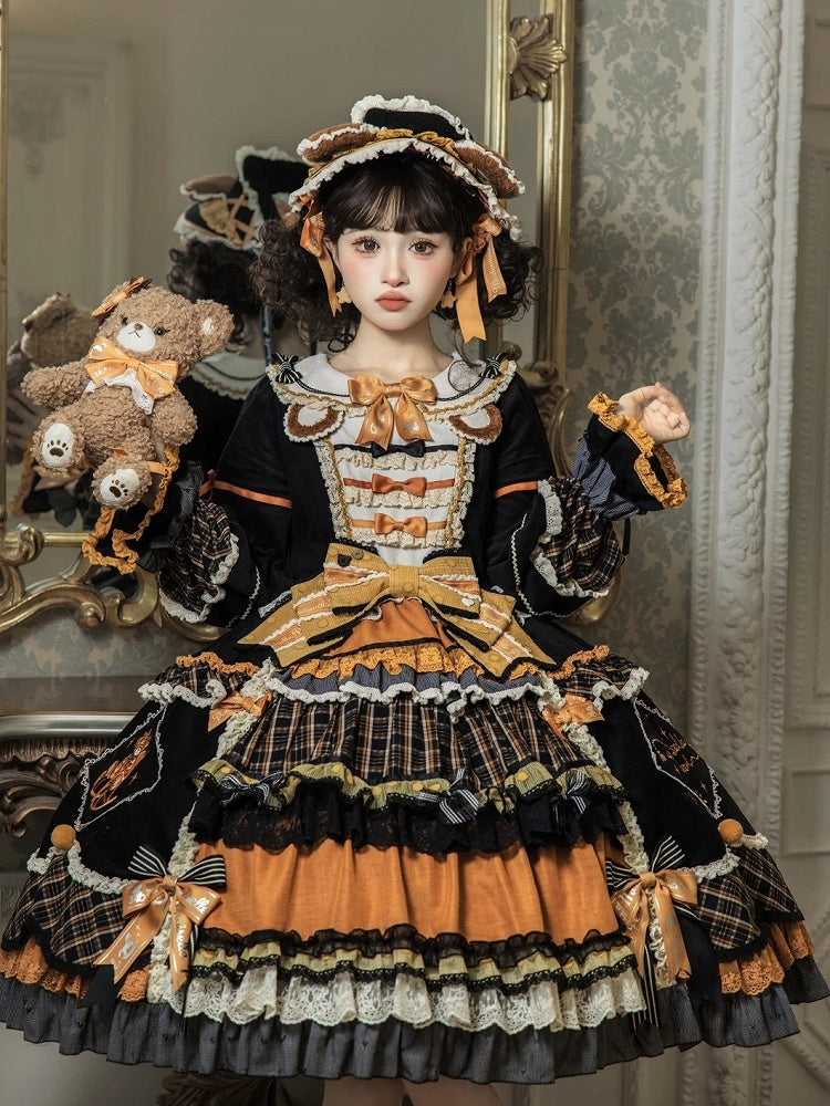 [Reservierungsschluss 8. September] Classic Bear Lolita-Stufenkleid mit weißem Kragen, Karomuster, Spitze und Schleife+Vintage-JSK-Kleid mit Teddybär-Print und Spitze+Vintage-Lolita-Kleid mit Teddybär-Print, Karokragen und klassischem Karomuster
