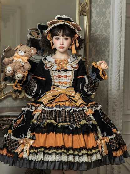[Reservierungsschluss 8. September] Classic Bear Lolita-Stufenkleid mit weißem Kragen, Karomuster, Spitze und Schleife+Vintage-JSK-Kleid mit Teddybär-Print und Spitze+Vintage-Lolita-Kleid mit Teddybär-Print, Karokragen und klassischem Karomuster
