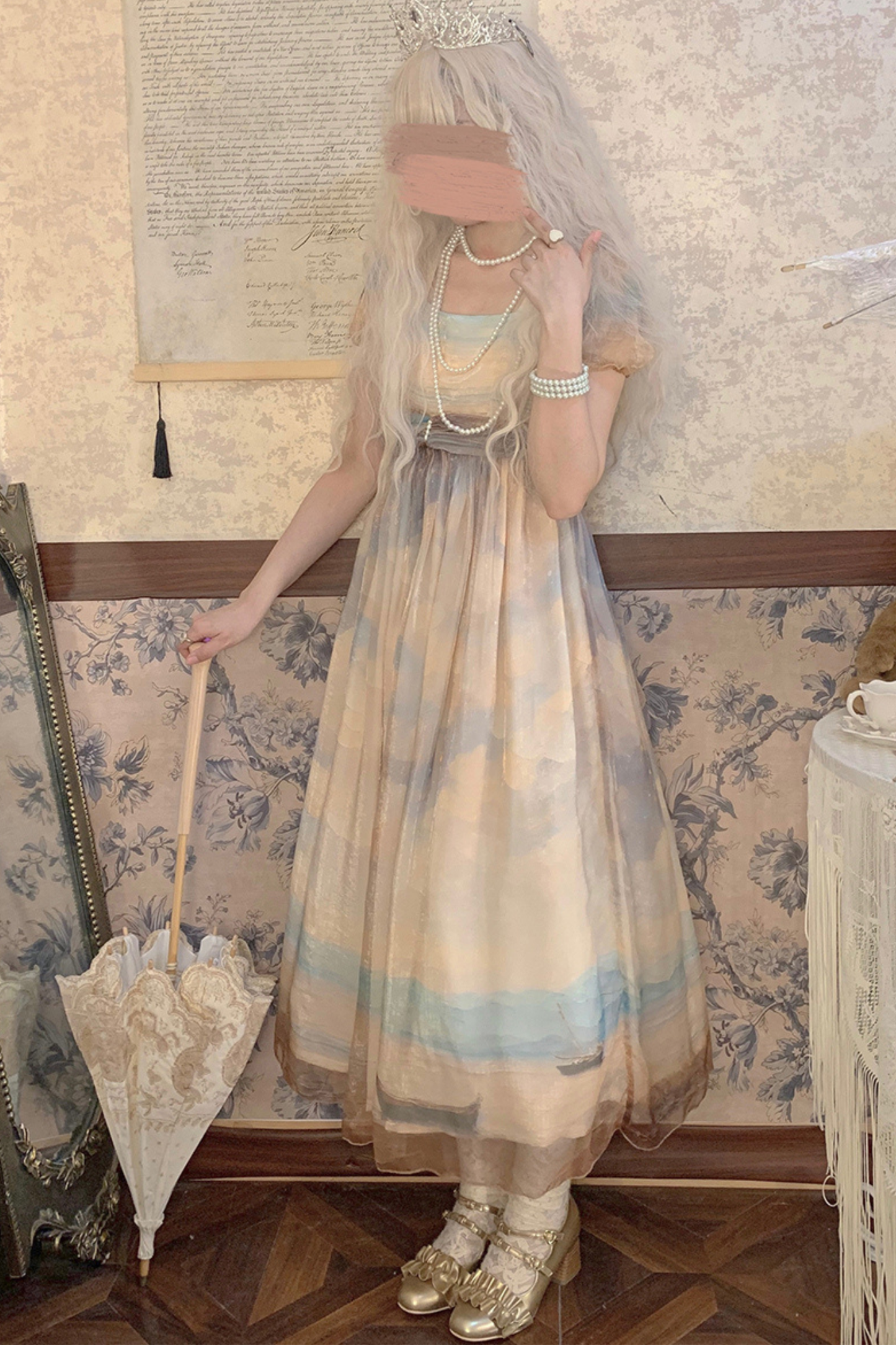 マーブルアートハイウエストマークロリータドレス