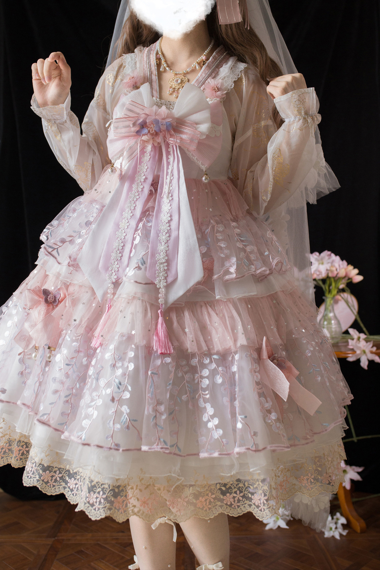 사쿠라 스위트 차이나 로리타 셔츠 + 목걸이 + 리본 + 베일 + 클립