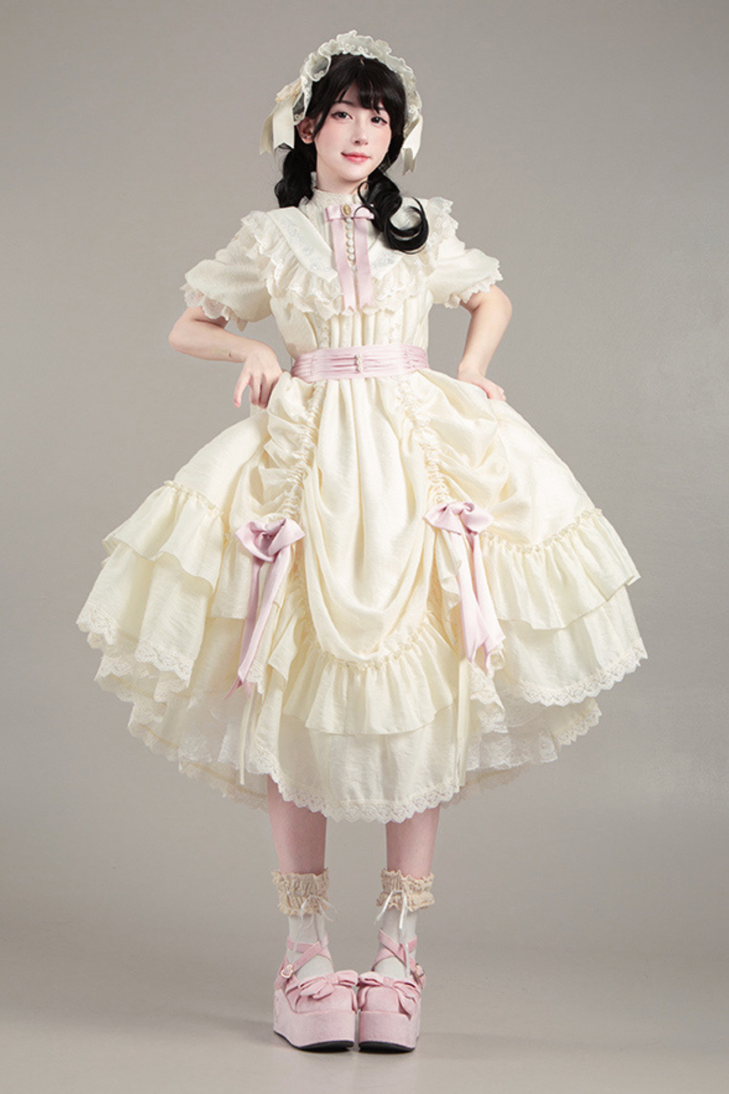 【予約商品】ローズフリルロリータドレス+ドレス＋ベルト＋ブローチ＋リボン＋ヘッドバンド＋スリーブ
