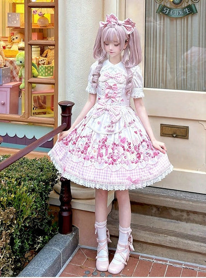 [Précommande jusqu'au 5 mai] Robe JSK à imprimé cerises roses, dentelle, ruban et tablier oreilles de lapin + accessoires
