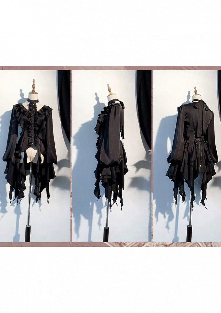 [November 9 Preorder Deadline] Victorian Gothic Lolita Halter-Neck Blouse with Flared Sleeves, an Asymmetrical Frill, and a Train