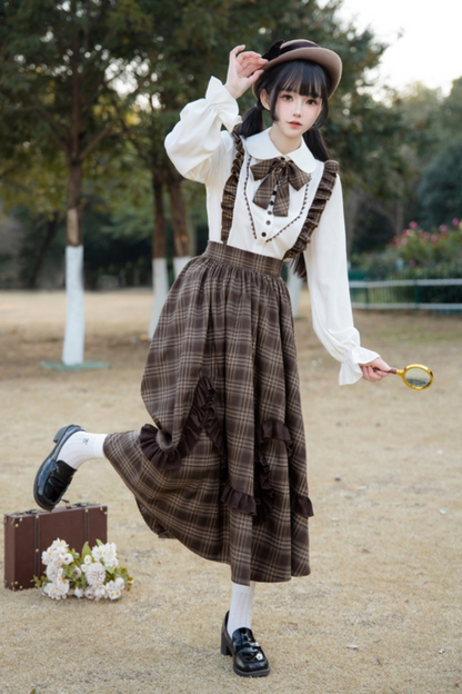 Elegant Check Suspender Skirt + Retro Blouse