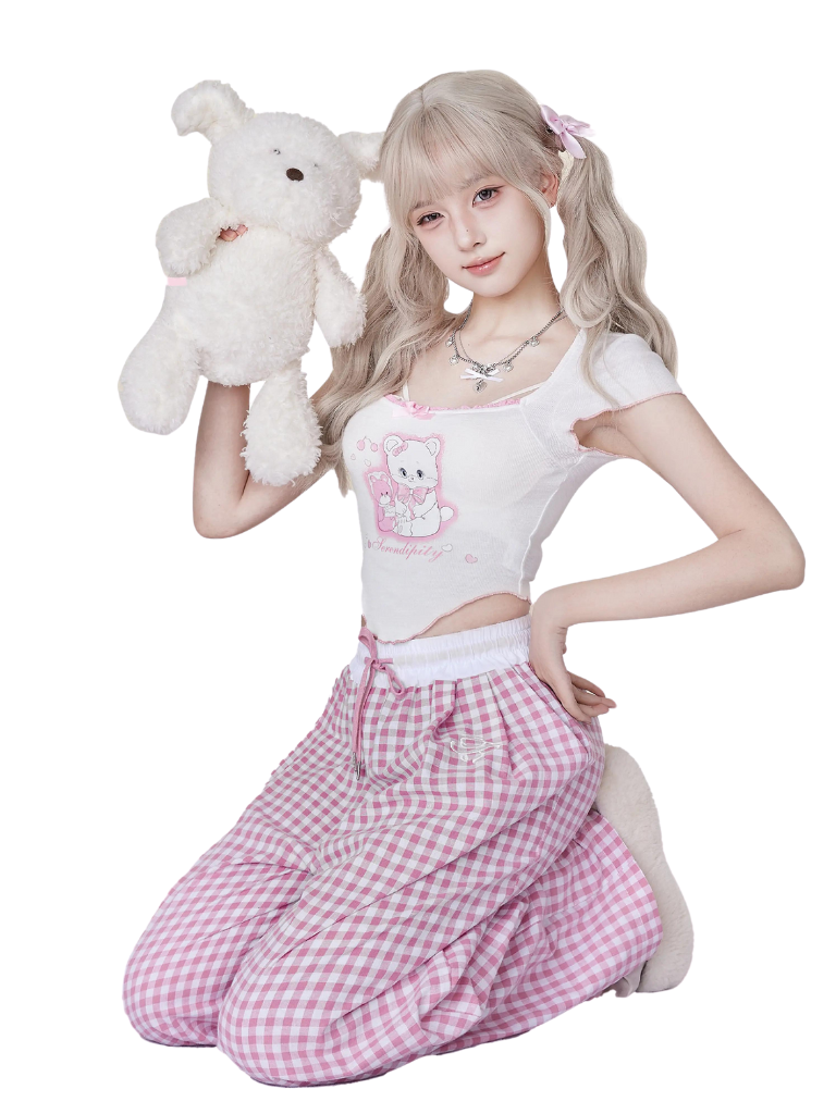 粉色格子甜心 [5/6 20 点钟新款 9.5 全 300-30] 米色上衣 + 粉色格子裤子