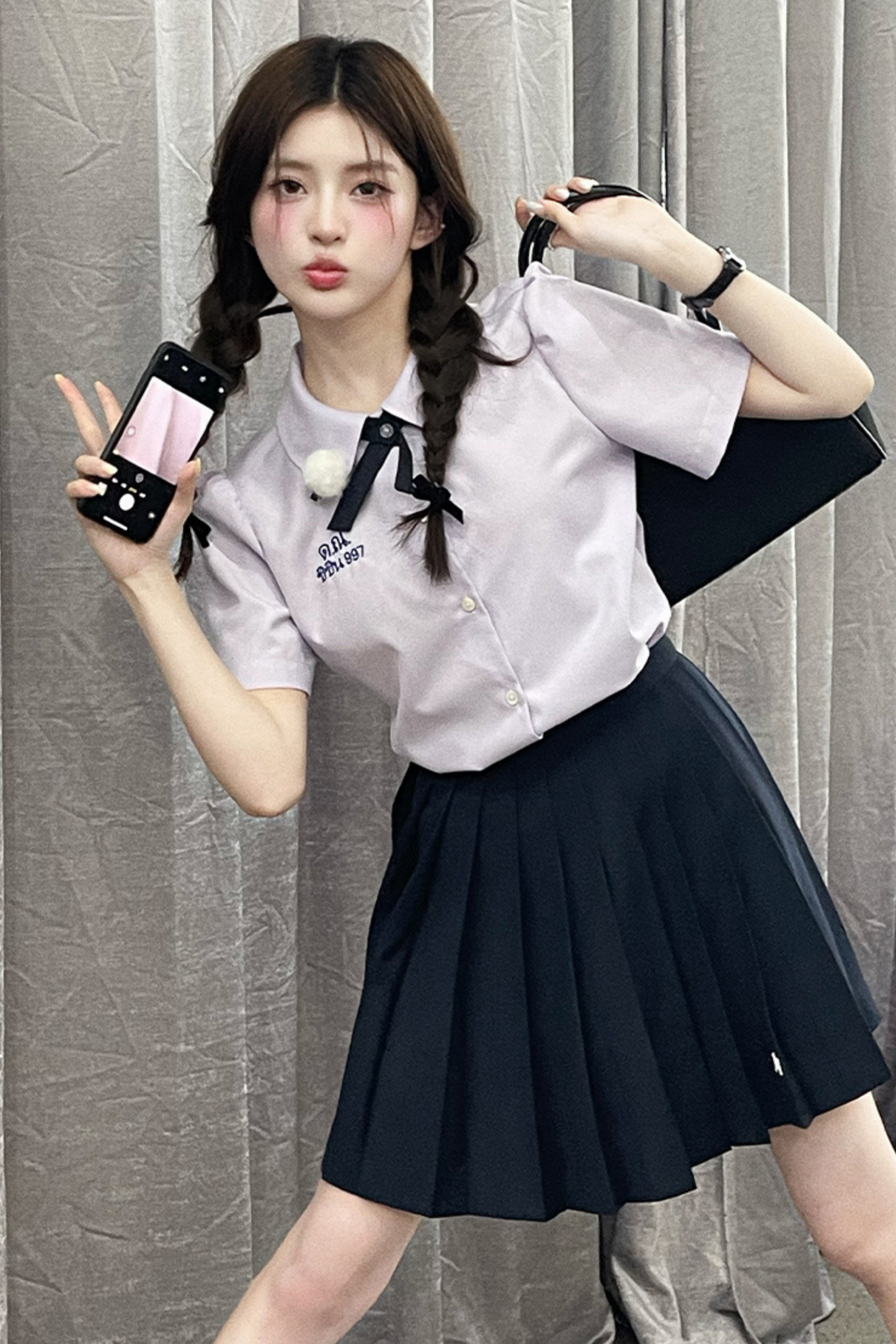 College ribbon tie shirt + pleated skirt