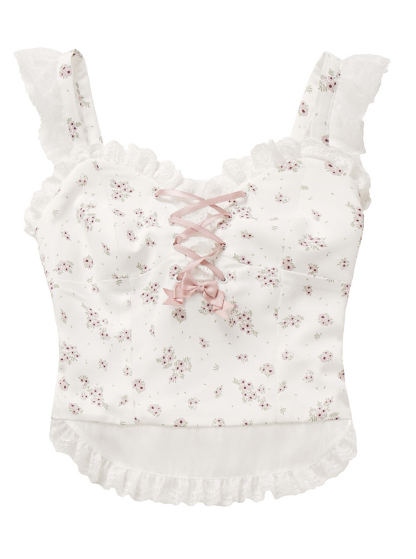 ガーリーセットアップパフスリーブクロスリボントップス＋フラワーキャミソール＋スカート