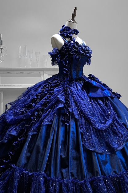 [Reserva] Vestido azul con flores y espiga azul oscuro