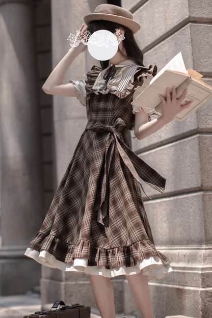 レトロチェックフレアワンピース＋リボンタイ