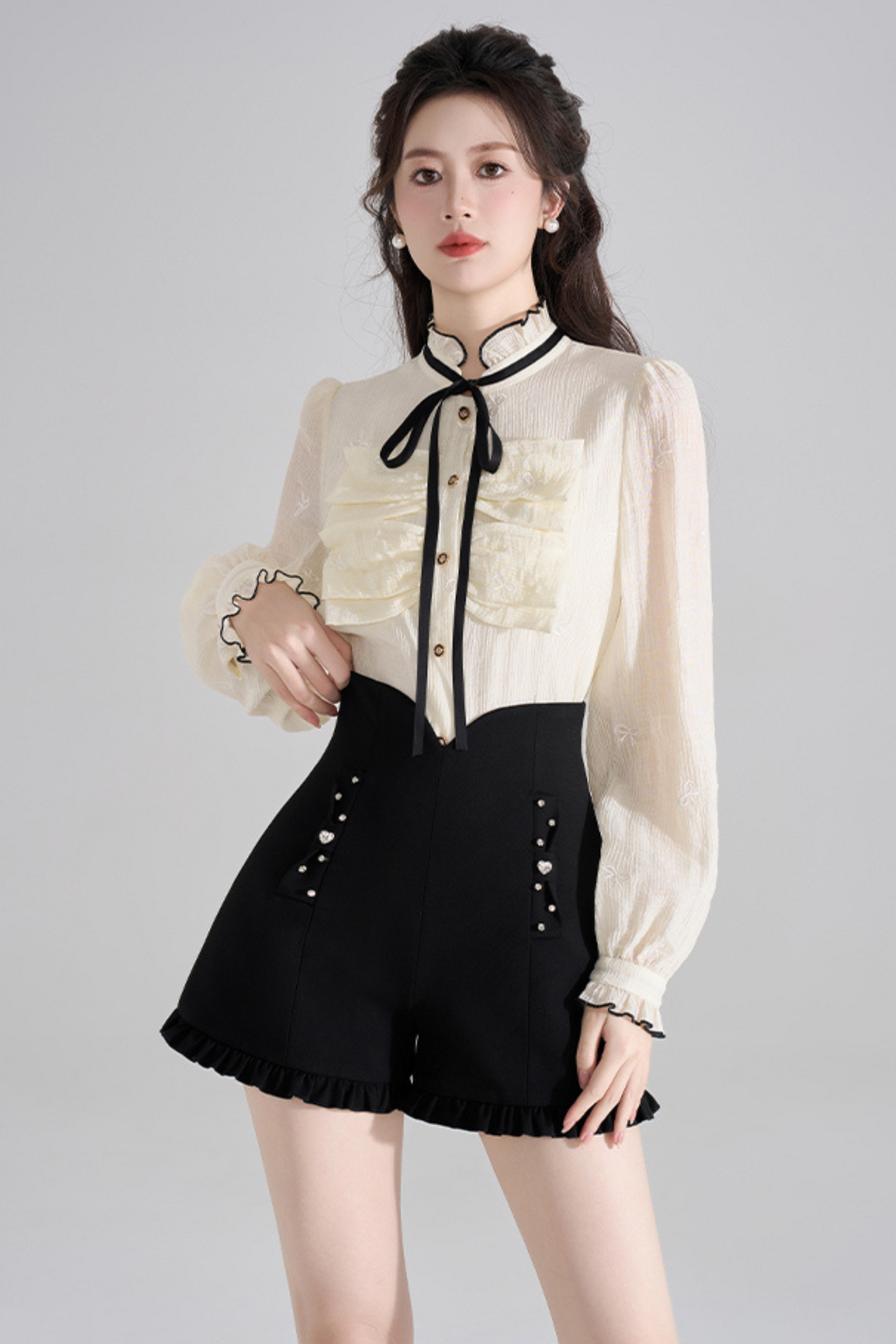 Dot Frilled V-Neck Blouse + Frilled Pants