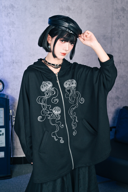 Draped Bat Sleeve Printed Hooded Hoodie