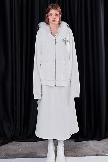 ファーフードモードルーズジップパーカー