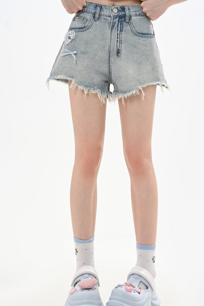 レトロロートリムブルーリボンショートデニムパンツ