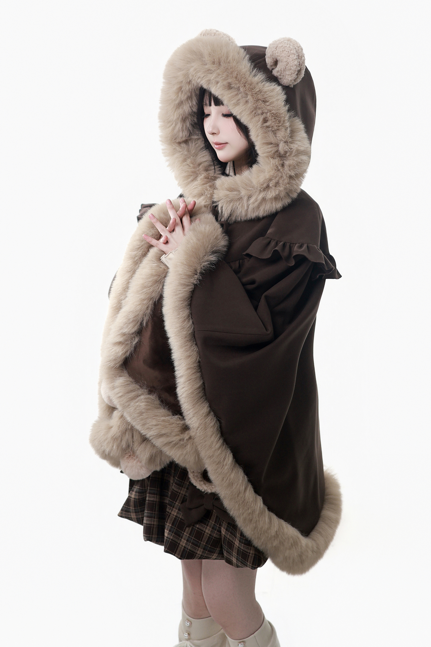 ベルベットベアフードケープ+トップス+サスペンダースカート+レッグカバー