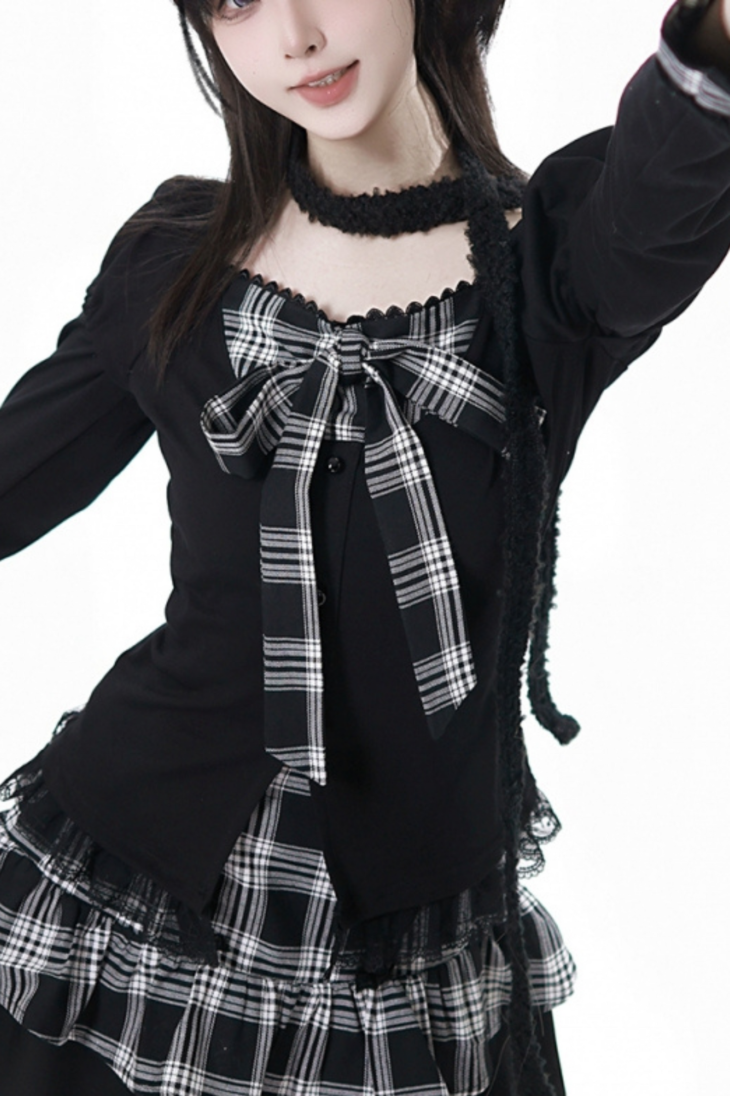 チェックリボントップス+スカート