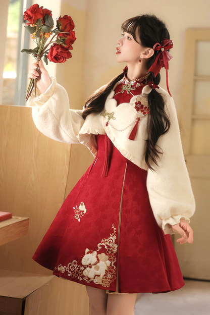 Chinese fur outerwear + retro dress