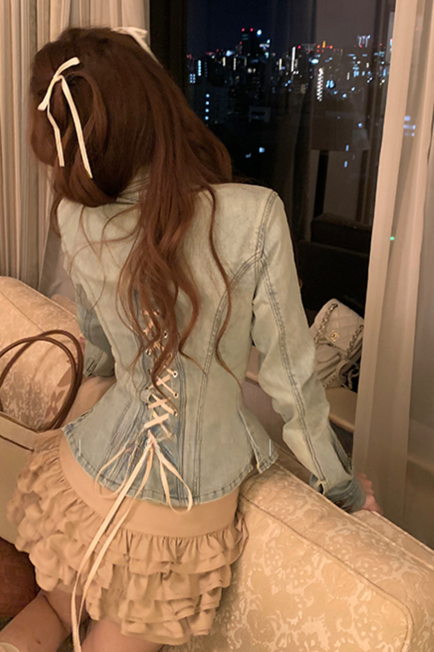 Vintage ribbon waist tie denim jacket