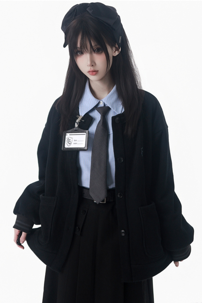 カレッジブルーシャツ+カーディガン+ショートスカート+ロングスカート