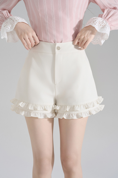 Pink Striped Lace Trim Blouse + Ruffled Shorts