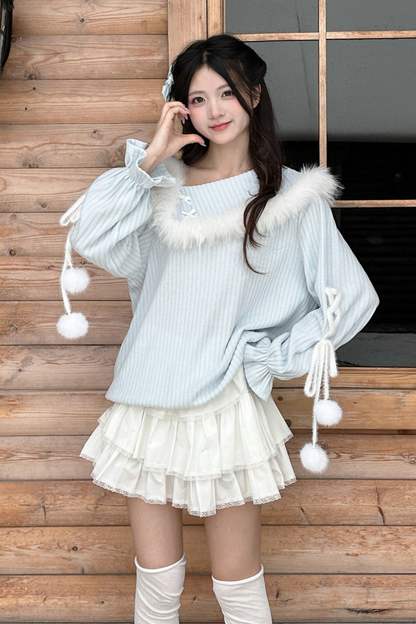 スイートブルーオフショルダーニットトップス