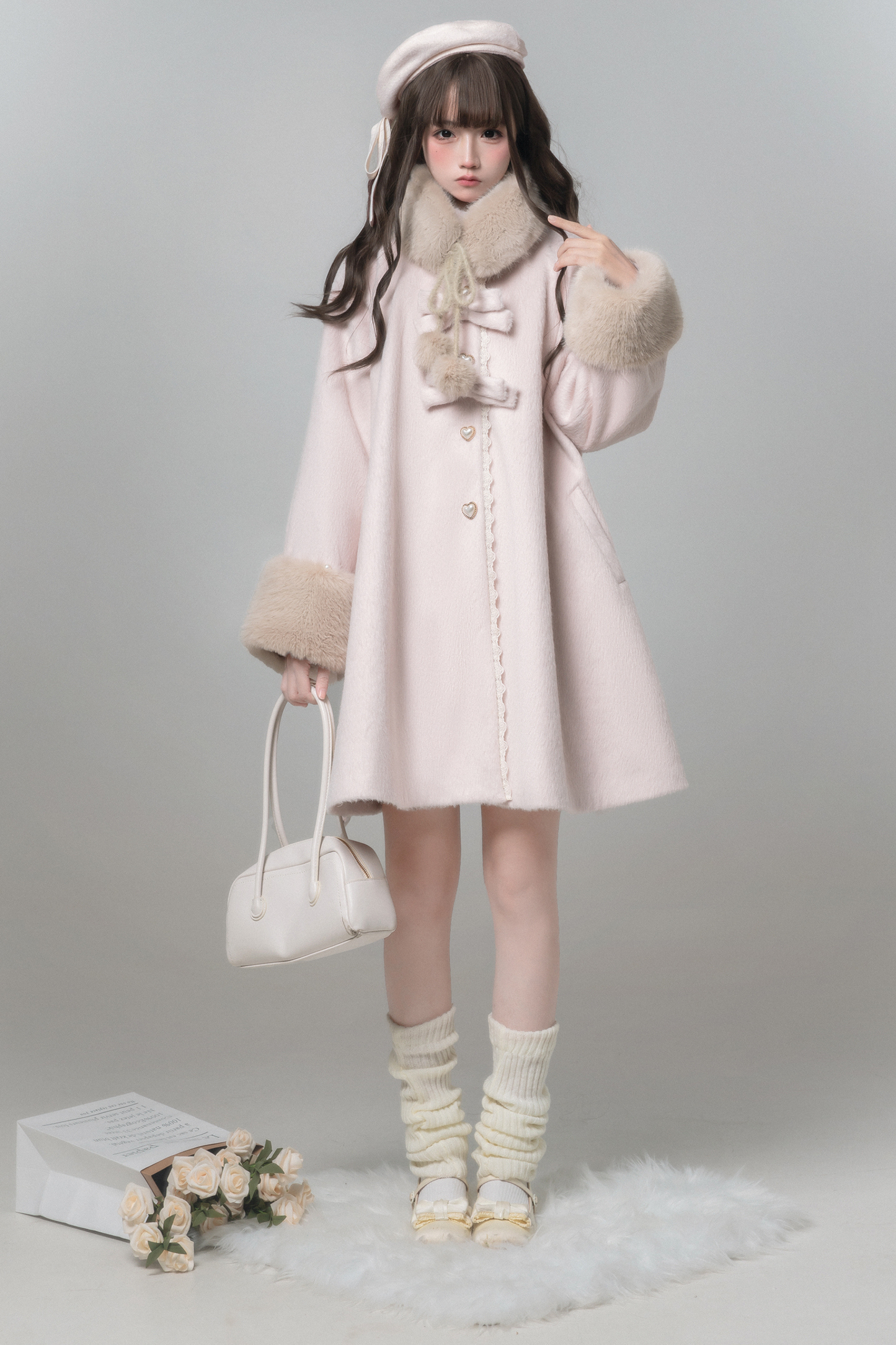 スイートガーリーリボンフレアコート+ファーカラー+シャツ+スカート+ベレー帽