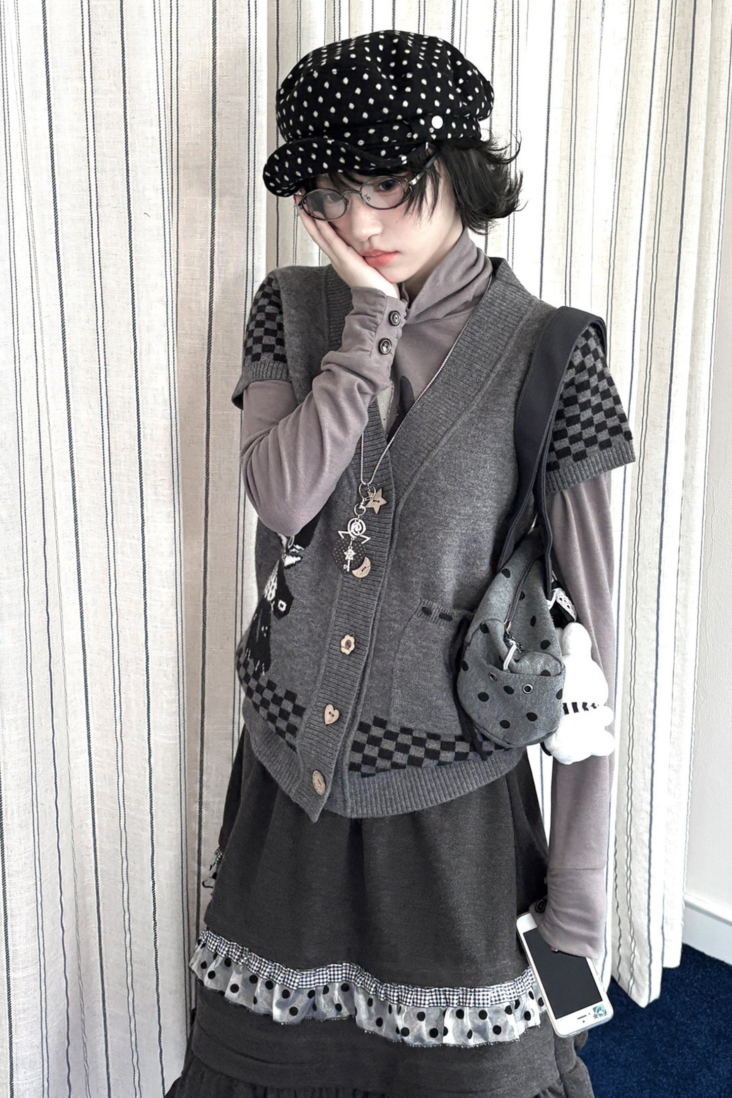 Dot Sleeve Y2K Top + Flare Skirt