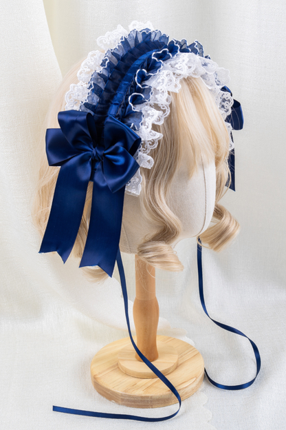 ネイビーブルーロリータボンネット+ヘアバンド+ハットクリップ+リボンクリップ