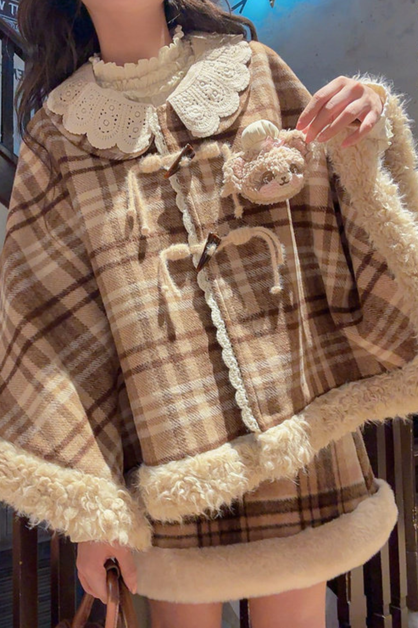 カラーブロックチェックマントコート