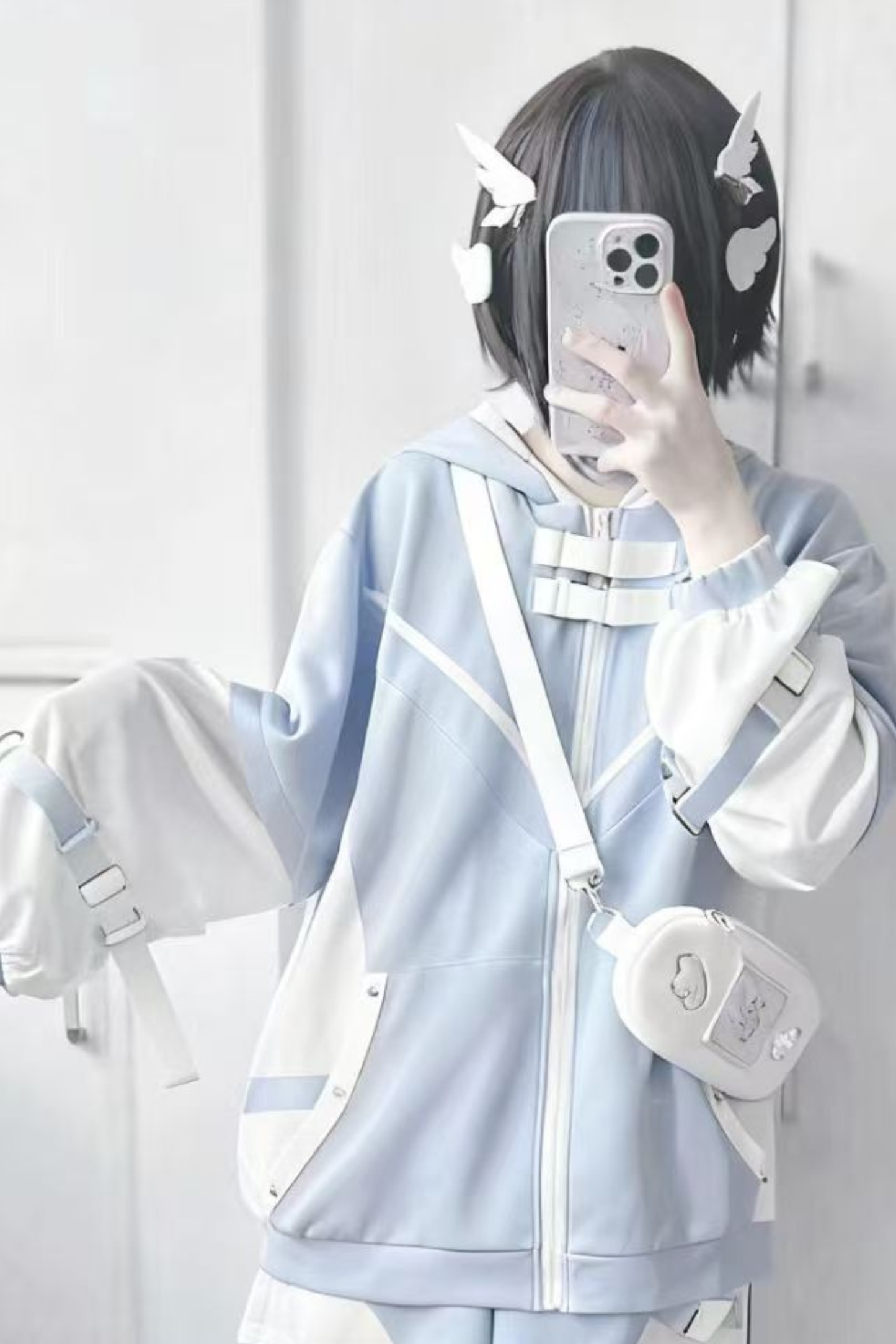 【天使界隈】サブカルチャーアクアフードトップス+ショートパンツ+レッグカバー